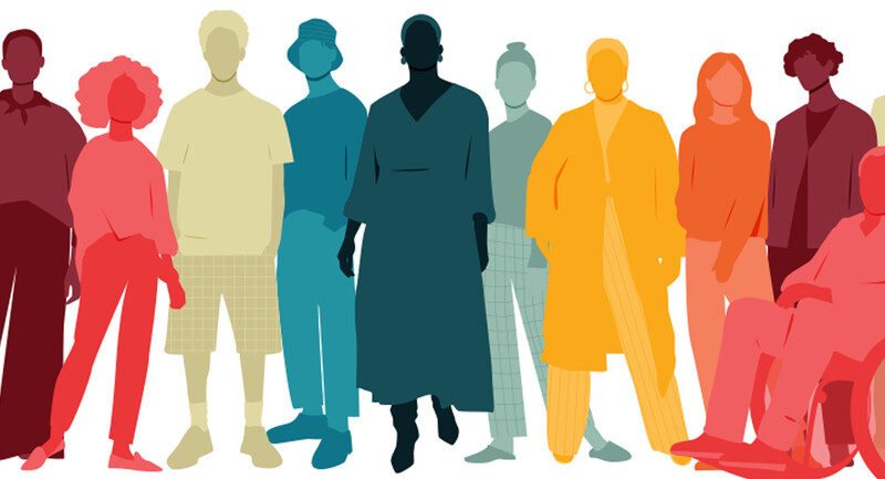 Illustration of a group of teachers overlaid with different shades of blue, green, red, and yellow